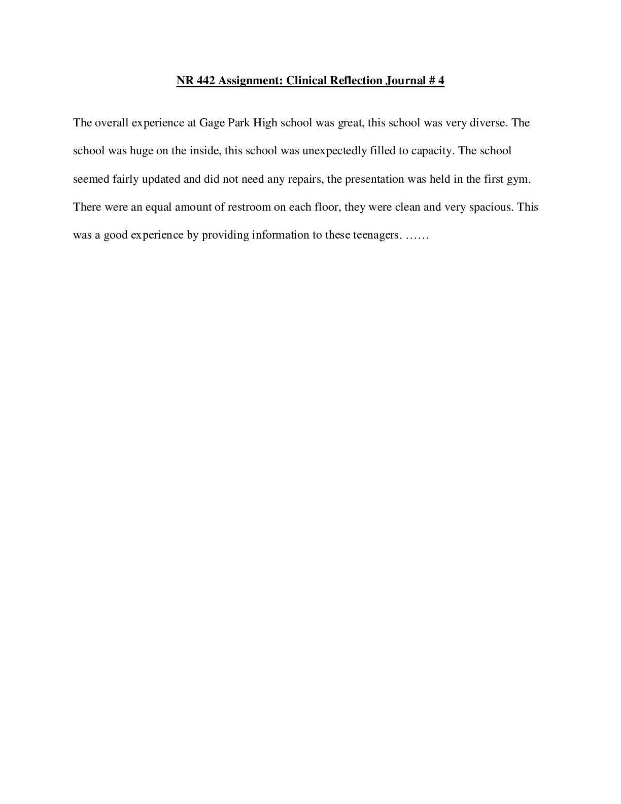 Preview image for NR 442 Assignment: Clinical Reflection Journal # 4